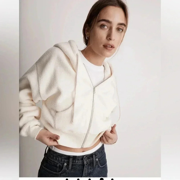 MWL Madewell Sherpa Zip-Front‎ Drawstring Hoodie Sweatshirt Size M Cropped - Picture 1 of 11